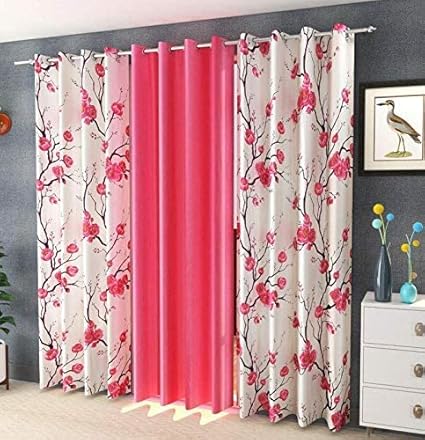Webicor Flower Jhaad Digital Curtain Polyester Fabric Door Curtain for Bed Room Kids Room Living Room Window/Door/Long Door (Set of 3) 5ft - Pink