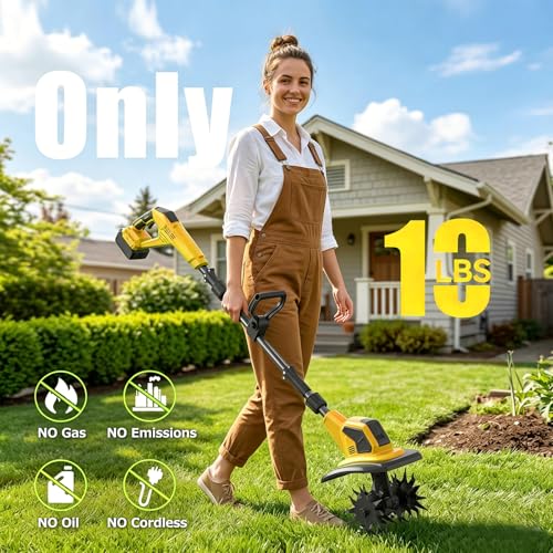 21V Cordless Garden Tiller with 8.0Ah Battery (2×4.0Ah + Charger) – 360RPM, 9" Tilling Width & 8.6" Depth, SK5 Steel Blades, 3 Adjustable Height Settings for Garden, Raised Beds & Lawn — view 3
