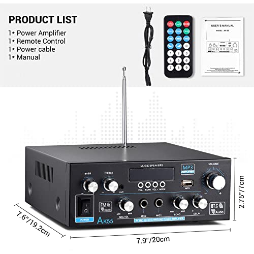 Facmogu Ak55 Bluetooth Stereo Power Amplifier, Rms 70Wx2 Max 450Wx2, 2Ch Hi-Fi Sound Audio Amp Stereo Receiver For Home Theater Speakers, Bass Treble Control, W/Aux, Rca, Usb, Mic In, Fm Radio, Echo #TOP6