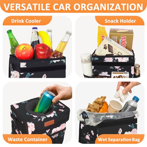 Image of Vankor 3 Gallons Car Trash Can with Lid, Car Bag Bin Hanging Waterproof Automotive Garbage Cans Leak Proof Vehicle Trash Can Black Floral
