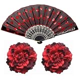 MIRKUZI Clips de pelo Dos pinzas para el pelo de peonía roja y un abanico, flores artificiales, estilo flamenco, pinzas grandes, ideales para cabello grueso y fino.