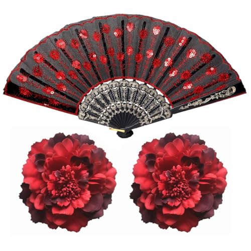MIRKUZI Pinces pour femme Deux pinces à cheveux pivoine rouge et un éventail, fleurs artificielles, style flamenco, grandes pinces, conviennent aux cheveux...