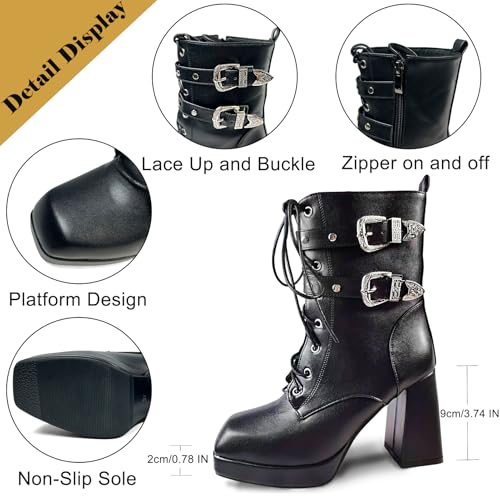Image of MEOTINA Goth Platform Boots Combat Boots Chunky Heel Ankle Booties for Women Punk Buckle Gothic Boot with Zipper Lace Up Dress Shoes Black /White