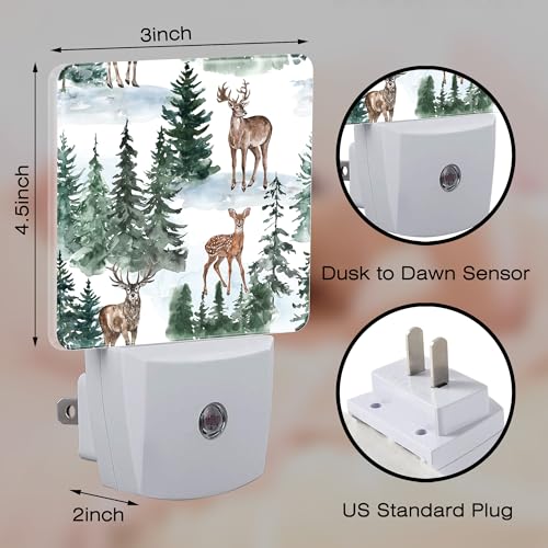 Image of Winter Deer and Snowy Forest Night Light for Kids,Christmas Pine Trees Deer Night Light Plug in with Dusk to Dawn Sensor,0.5w Energy Saving Nightlight for Hallway Stairway Kitchen Bedroom