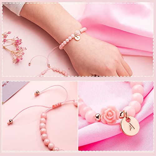 Image of Flower Girl Gift Initial Bracelet for Teen Girl with Flower Pink Beaded Bracelet with Initial Rose Bridesmaid Gift Jewelry Teen Girl Trendy Stuff