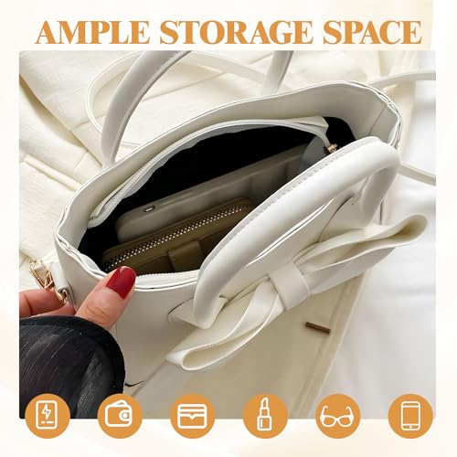 Coquette Purse, Women's Cute White Purse with Bow Charm, Soft Shopper Crossbody Satchel with Adjustable Shoulder Strap, Fashionable and Versatile4