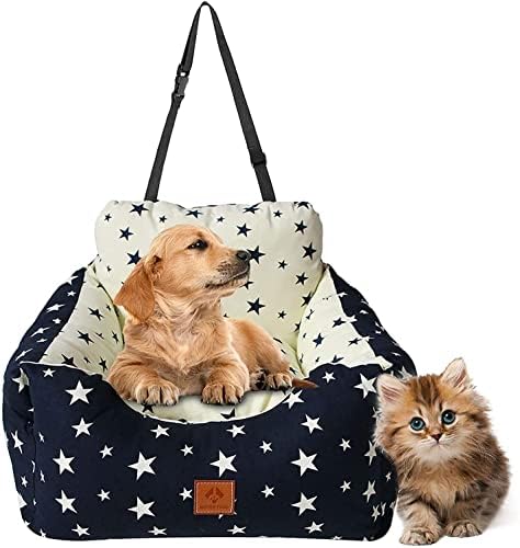 NUKied 2 in 1 Dog Car Seat Washable and Stain Resistant Pet Booster Seat for Small and Medium Dogs Cats Super Soft PP Cotton Travel Safety Pet Car Seat with Storage Bag and Harness Strap (Navy Star)
