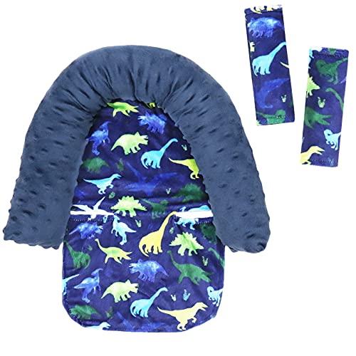 Image of Baby Carseat Headrest and Strap Covers, Dinosaur Minky Infant Strollers Head Support & Seat Belt Cover, Toddler Strollers Headrest and Neck Cover, Car Accessories for Newborn Boys Girls