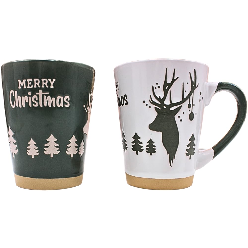 Dekohelden24 Set of 2 Coffee Mugs, Mulled Wine Mugs, Stoneware Drinking Cups, Size: L/W/H Approx. 12 x 8 x 11 cm, Capacity 360 ml per Cup, Moose Green/White, 11 cm