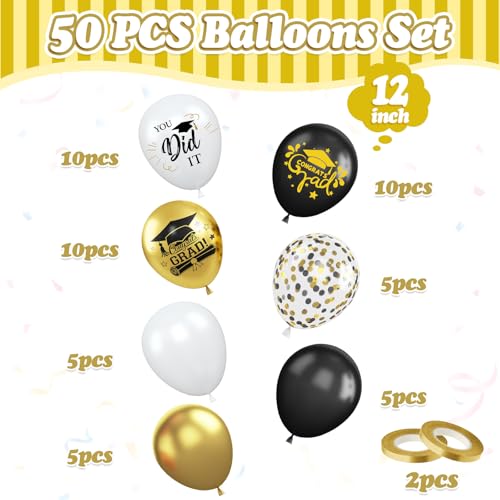 Image of Graduation Balloons, 50 Pcs Black Gold for Class of 2026 Grad Party Decor
