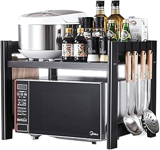 2-warstwowa przestrzeń aluminiowa kuchenka mikrofalowa stojak na piekarnik przybory kuchenne zastawa stołowa przechowywanie licznik ryżu stojak z 6 ruchomymi haczykami czarny