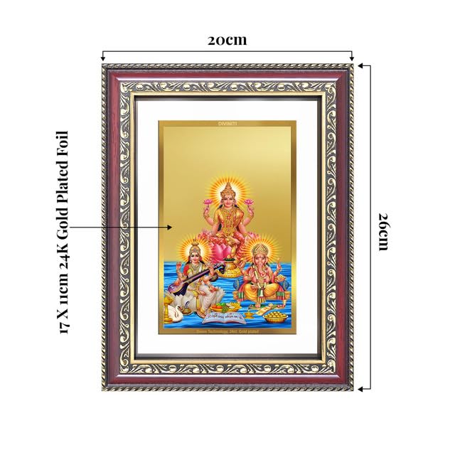 Image of DIVINITI Goddess Lakshmi, Saraswati & Lord Ganesha 24K Gold Plated Foil Wall and Tabletop Photo Frame for Home Decor, Puja Room, Luxury Gifting | DG Frame 105 S2.5 (26x20 CM)