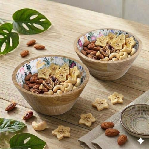 Image of SAAGA Mango Wood Nuts Bowl Set of 2-6 x 3 Inch Decorative Wooden Snack & Dry Fruit Bowls | Soup & Serving Katori for Kitchen - Red Violet
