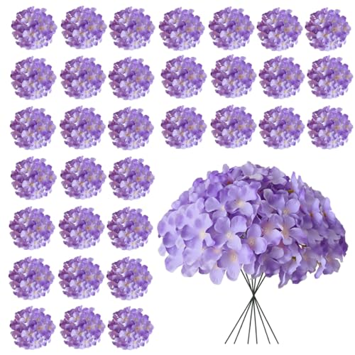Cherica 30 Pcs Purple Hydrangea Artificial Flowers Bulk Faux Hydrangea Flowers Heads Artificial Fake Silk Hydrangea Flowers with Stems Purple Flowers Artificial for Decoration Wedding Dcor