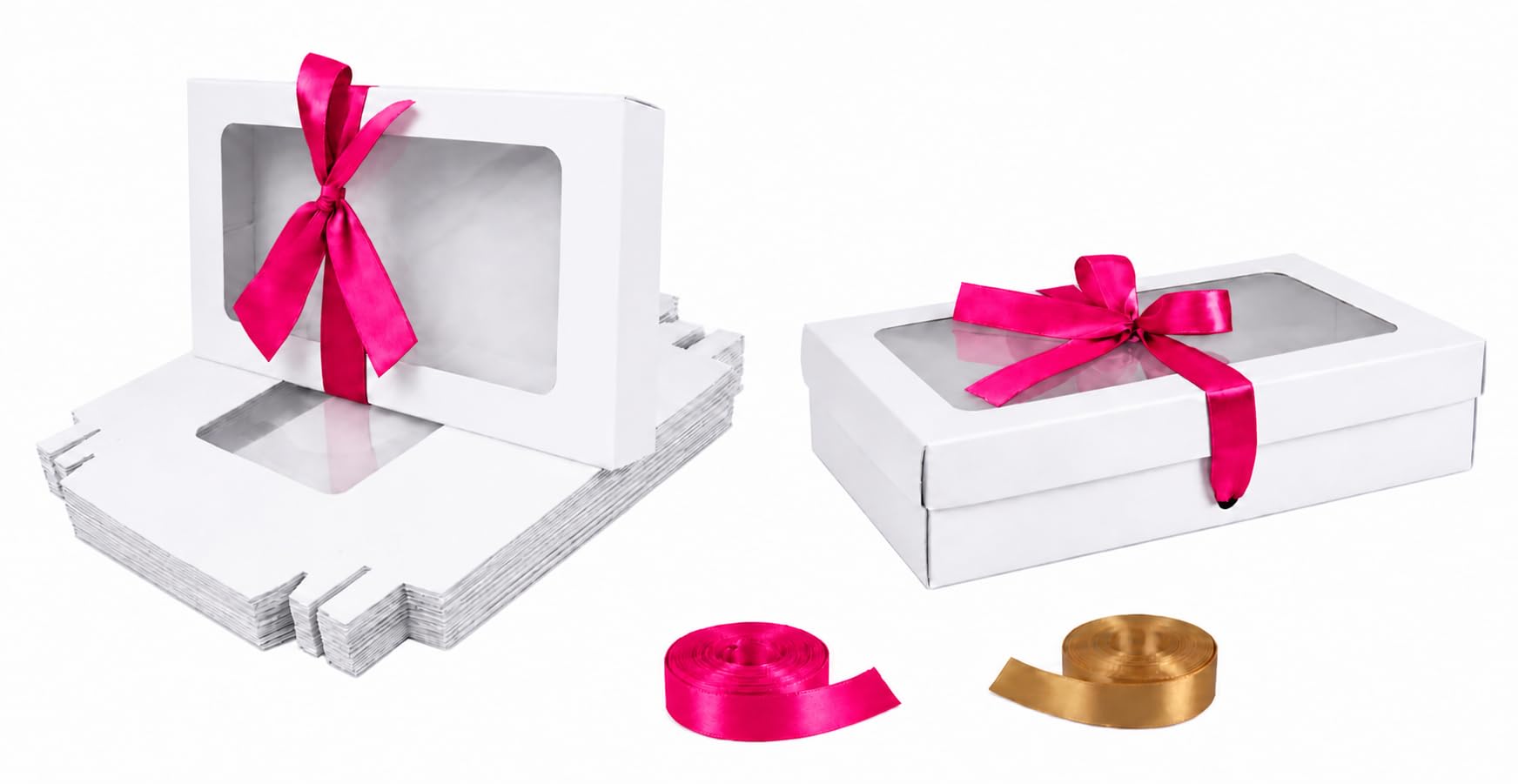 Emartbuy Pack of 12 White Gift Boxes with Clear Window Lid & Hot Pink Satin Ribbon - Small 21.5 x 13.5 x 4.5 cm - Recyclable Kraft Presentation Box for Hampers, Treats, Weddings & Favours — image 1