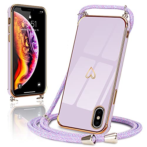 Micoden Handykette kompatibel mit iPhone X iPhone XS Hülle Ultra dünn Kameraschutz Herz Love Design Galvanik TPU Silikon Bumper Kordel zum Umhängen Handyhülle mit Band Schutzhülle Lila