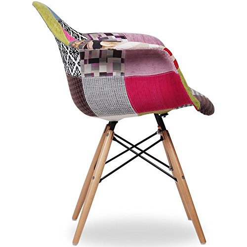 2Xhome Set Of Two (2) - Fabric Armchair Natural Wood Legs Eiffel Dining Room Chair - Lounge Chair Arm Chair Arms Chairs Seats Wooden Wood Leg Wire Leg (Patchwork A) #TOP1