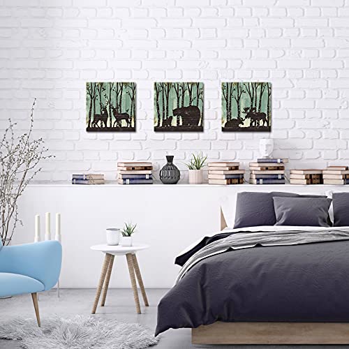 Ryounoart 3 Piece Animal Canvas Wall Art Bear Deer Moose In Forest Pictures Wildlife Country Painting Modern Home Artwork Decoration Giclee Print Gallery Wrap Ready To Hang 12"X12"X3Pcs #TOP3
