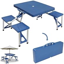 Folding Siamese Tables and Chairs Set Picnic Table& Benches Set 53"x33"x26",Aluminum Alloy Portable Desk with 4 Seats for Indoor Outdoor Travel, Camping,Hole for Parasol, Foldable with Handle