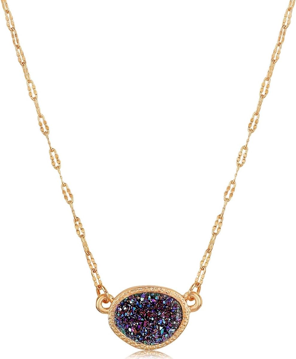 Humble Chic NY Simulated Druzy Pendant Necklace for Women with Sparkly Oval Stone - Gold, Silver, or Rose Gold Tone Chain - 16" with 3" Extender
