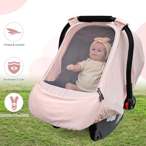 Baby Car Seat Cover,Sunproof Car Seat Canopy for Babies, Extra Large Mesh Window Baby Car Seat Sun Shade Cover, Infant Carseat Covers for Summer/Autumn Use(Pink) - Thumbnail 5