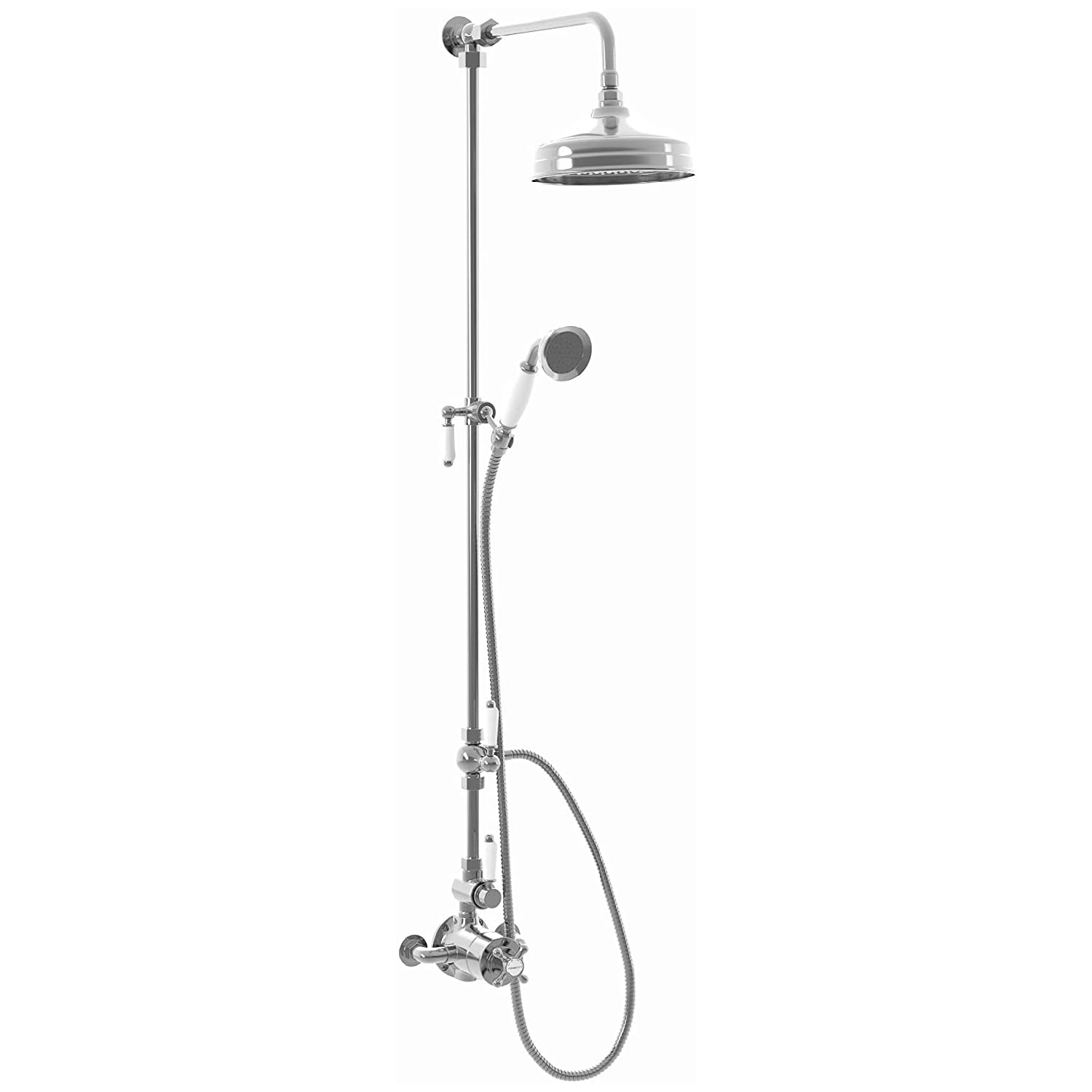 ENKI, Downton, SH0597, Shower Set with 2 Shower Head Outlets & Handshower Bracket, Twin Thermostatic Shower Valve, White & Chrome Shower Tap Attachment for Bathrooms Showers, Classic Shower Set