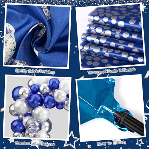Image of Happy Anniversary Party Decoration 101Pcs, Blue and Silver Anniversary Party Supplies Backdrop Banner Blue and Silver Balloon Arch Kit Tablecloth for Wedding Anniv. Decor