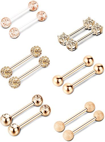 6 Pairs Nipple Tongue Ring Stainless Steel Barbell Rings Cubic Zirconia Nipplerings Body Piercing Jewelry, 14 Gauge (Rose Gold)