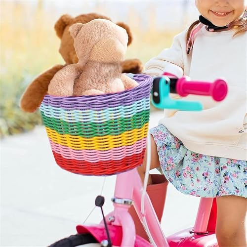 Ailovone Fahrradkorb für Kinder Fahrradkorb Geflochten Kinder Vorne Kinderfahrradkorb Vorne Geflochten aus Kunststoff mit Lederriemen Abnehmbar Korb Fahrrad Zubehör für Junge und Mädchen (Bunt)