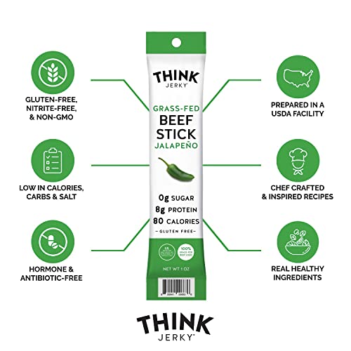 Think Jerky, Jalapeno Grass-Fed Beef Sticks (1.0 Ounce Sticks, Pack Of 10 Sticks) - Sugar Free, Gluten Free, Non Gmo, No Nitrates, Keto Friendly, Paleo, High Protein, Low Carb #TOP2