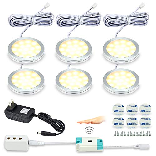 Kuniwa LED Under Cabinet Lighting Kit, Kitchen Puck Lights Dimmable 2W 1080lm Under Counter Lighting, Hand Wave Activated Switch Closet Lights, 3000K Warm White, Set of 6, All Accessories Included