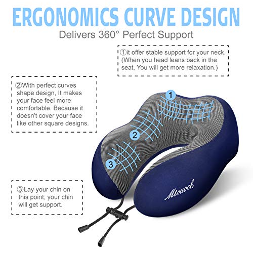 MTOUOCK Travel Pillow, 100% Pure Memory Foam Neck Pillow, Comfortable & Breathable Cover, Machine Washable Airplane Travel Kit with 3D Sleep Mask, Earplugs, and Travel Bag, Blue - Thumbnail 2