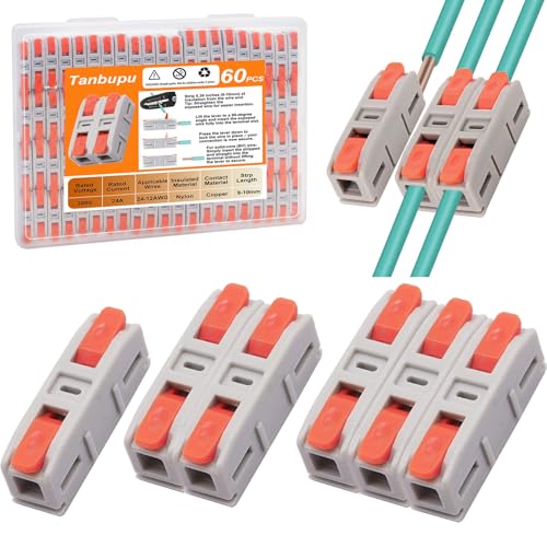 Tanbupu 60PCS Lever Wire Connectors, Mini Quick Connectors Electrical Splicing Kit Push-in, Electrical Wire Butt Splice Inline Terminals for Various Circuits, AWG 24-12, 1 in 1 Out