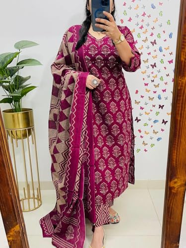 Image of Rangnavi Women's Cotton Trending Straight Kurta with Pants and Dupatta Set | Ethnic Set (Teal)