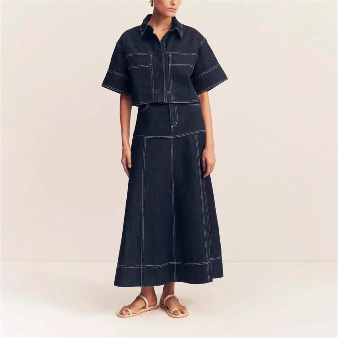 Women's Denim Split Long Skirt Polyester Material Two Piece Ensemble