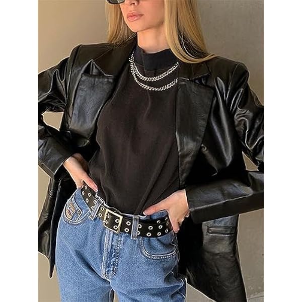 Adhdyuud Vrouwen Casual Faux Lederen Jas Herfst Revers Enkele Knop Pu Jas Losse Effen Blazer