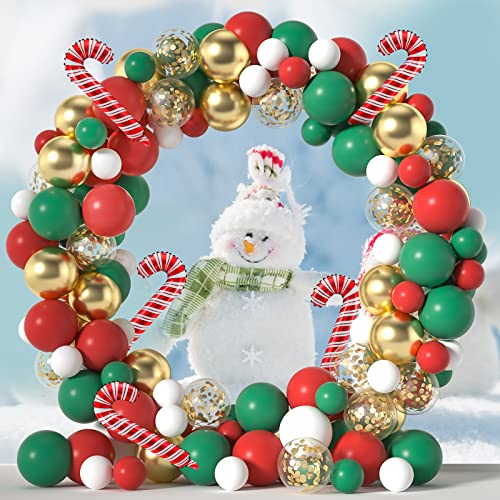 Honinda Christmas Balloon Arch Garland Kit 120 pcs Christmas Balloons Red White Green Metallic Gold Balloons Confetti Balloons With Candy Cane Balloons for Christmas Party Decoration Supplies