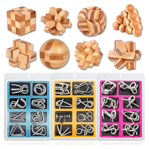 WishesMar Lot de Casse-tête en Bois et Metal 32 Pièces Classique Jouet de Puzzle éducatif Cadeau pour des Enfants et des Adulte - Casse Tete Logique Jeu Taille 5.0cm