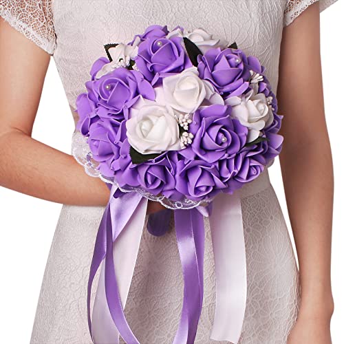Vlovelife Wedding Bouquet For Bride, Artificial Purple Flower For Wedding, White & Lavender Artificial Foam Rose Flower, Handmade Bouquet For Bridesmaids #TOP4