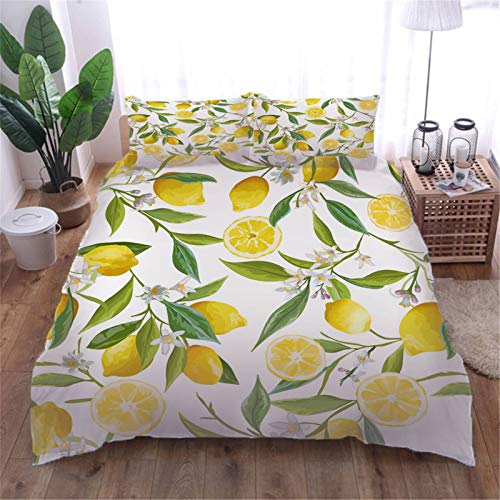 HATESAH Bettwäsche - Bettwäscheset Blumenmuster-Zitronen-Frucht-Dschungel-Weinlese Thailands grünes Blatt romantische Brasilien-Liebe Mikrofaser weich dreiteilig Mit 2 Kissenbezügen 135 * 200 6 AOUAURO Bettwäsche 135x200 Zitrone Bettbezug Set 3D Bedruckte 3-Teiliges Polyester mit Reißverschluss 1 Bettbezug und 2 Kissenbezug 80x80cm 3 Stück Einzelbett