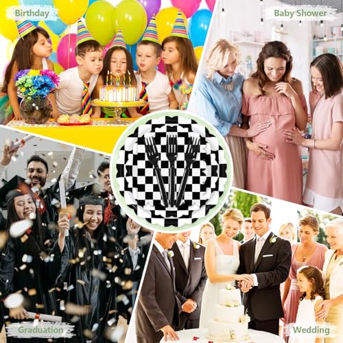 Image of 100 Pcs Black Checkered Paper Plates and Napkins Disposable Set for Party