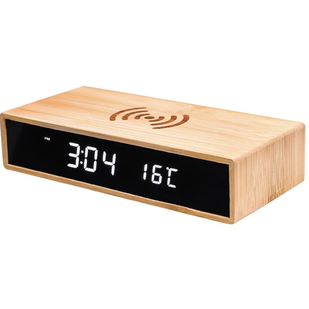 Bamboo Wood design,Digital Alarm Clock with Qi Wireless Charging 10W (Charges Qi capable Phones only), LED Display, Temperature Monitor, 3 Brightness Levels, 2 display modes, Stylish modern look