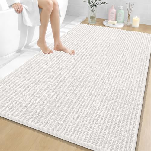 Image of OLANLY Bathroom Rug Mat 59x35, Thick Soft and Absorbent Chenille Bath Mat, Non-Slip Rubber Backing, Machine Washable Quick Dry Bath Rugs for Tub Shower Floor, Home Decor Accessories, Ivory