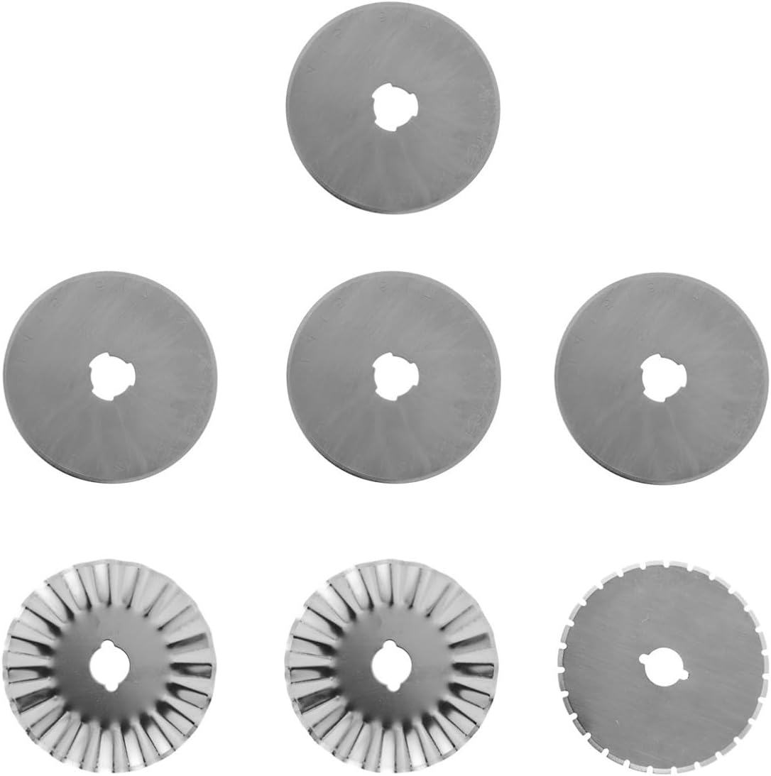 ULTECHNOVO Rotary Cutter Replacement Blades Set 1 Dashed with Storage Case 7 Pcs Steel Fabric Cutting Blades Includes 4 Straight 2 Wavy Style for Sewing Crafts and Home Use