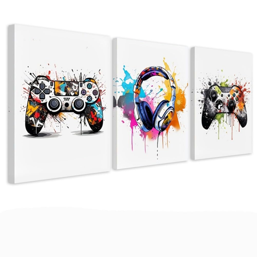 Kepuarm 3 Pcs 16" x12'' Framed Gaming Room Decor Canvas Wall Art Video Game Art Prints, Gaming Theme Watercolor Posters Prints for Boys Kids Teen Game Room Bedroom Playroom Wall Decor (12x16inch)