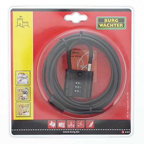 Foto von Burg-Wächter Kabelschloss mit Zahlenschloss, Seilschloss für Fahrrad, Motorrad, E-Scooter, Gartenmöbel, 725 300 Snap+Lock, Schwarz, 3 m
