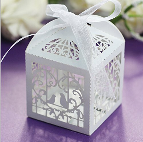 Benbilry 50 Scatole Bomboniere Matrimonio A Forma Di Uccellino - Carta Perlescente Con Nastri - Ideali Per Confetti E Cioccolatini, Bianco Titanio - 3