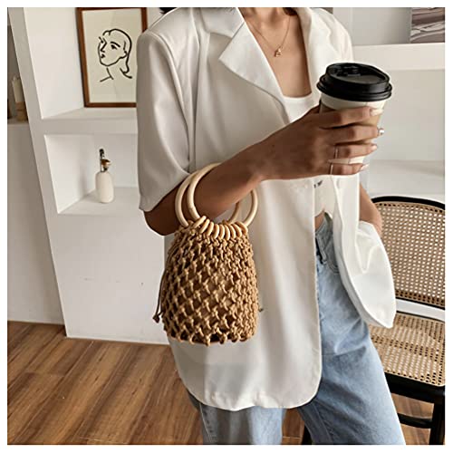 Bolso de mano tejido para mujer TONWHAR, elegante bolsa tote pequeña con asa redonda de madera para verano y playa miniatura 3