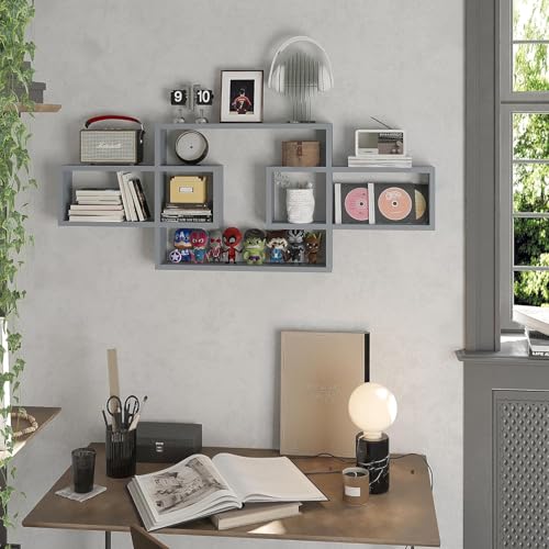 Image of Wooden Wall Shelves for Living Room, Bedroom Wall Mounted Rectangle Bookcase, Intersecting Wall Shelves for Storage Modern Decorative Display Shelves for Wall Decor (Grey)