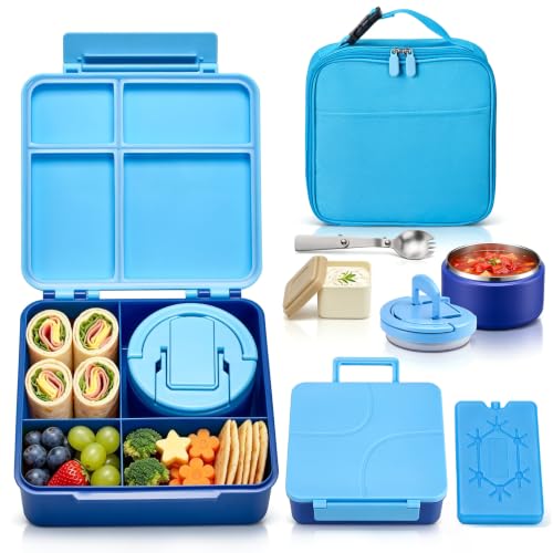 Image of Bento Lunch Box with 8oz Soup Thermo,Kids Leakproof 4 Compartment Lunch Food Containers with Sauce Cup and Ice Pack,Kids Thermo Insulated Hot Food Jar and Lunch Bag for School,Trvael-Blue